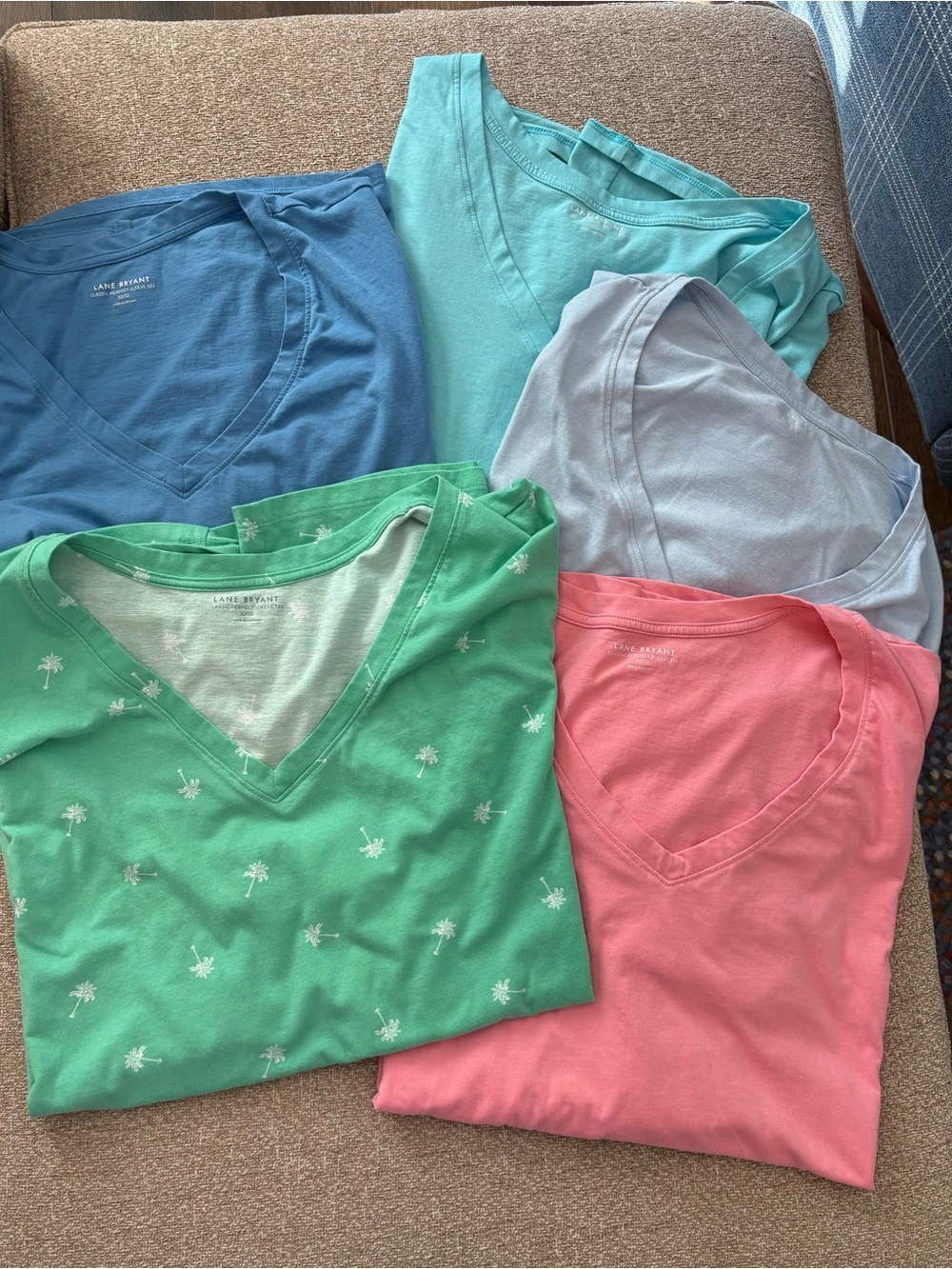 Lot of 5 Lane Bryant V-Neck Tees in Green, Pink, Blue, Aqua, Light Blue